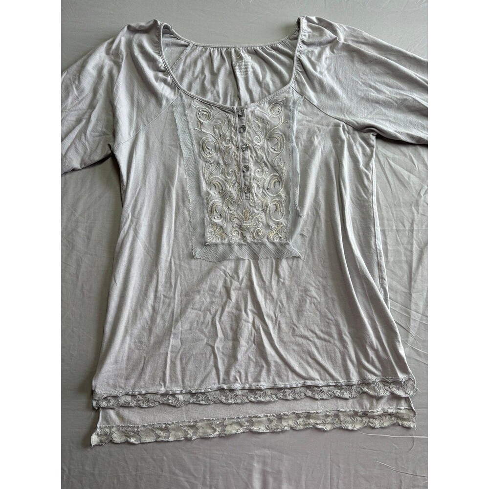 RXB Grey Embroidered Lace Scoop neck Flowy Blouse size large 100% Cotton